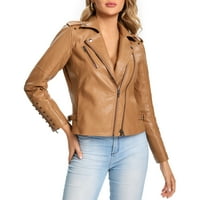 P Y Womens Fau кожено яке, двойно палто с цип, мото мотоциклетист с нитове, редовен и плюс размер