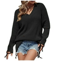 Пуловери за отстъпки за жени с дълъг ръкав V-образно деколтета Котли с твърд цвят Небрежен джъмпер Пуловер Женски пуловери Падайте мода Black L