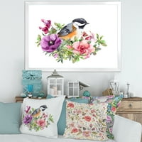 Дизайнарт 'сладка птица в лилаво и розови цветя' традиционна рамка Арт Принт