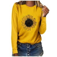 Тениски на лабакиха за жени жени Слънчогледов принт O-деколте с дълъг ръкав Топ пуловер Суичър тениска блуза жълто