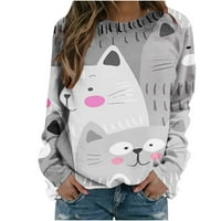 Дамски суитчър кръг врата куче котка Графичен Топ дълъг ръкав уютна риза блуза сладък празник пуловер суитчър