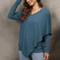 Женски тениски върхове дамски v шия с дълъг ръкав туника отгоре плътно цвят пуловер нередовен хлабав тениска
