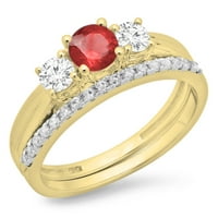 1. Карат 18k жълто злато кръгло рязане Ruby & White Diamond Ladies Bridal Stone годежен пръстен Съвпадащ лента комплект