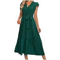 Дамски летни рокли Плътен цвят в-врата къс ръкав Макси рокля Висока талия а-линия Флоу Ваканция рокля ежедневни рокли