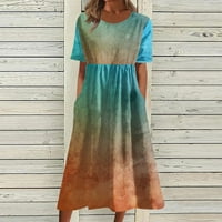 Yubatuo Женски летен ежедневен бохо отпечатък разхлабена рокля с джобове екипаж на врата с къс ръкав midi beach рокля светло кафяво 2xl