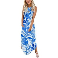 Женски непринуден свободен лятен отпечатан дълга рокля плаж Sundress v-образно рокля без ръкави рокли с небето сини s