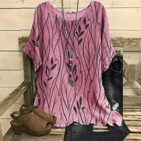 Bazyrey дамски летни върхове Графична отпечатана блуза женска кръгла шия модерен къс ръкав пуловер розов 2xl