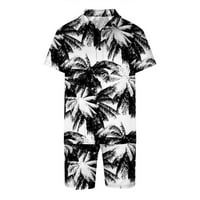 Vivianyo HD Time and Tru Men Sets Summer Clearance Мъже случайни бутони за превключване на печат с къс ръкав плажен блуза и панталони комплекти рупки черни